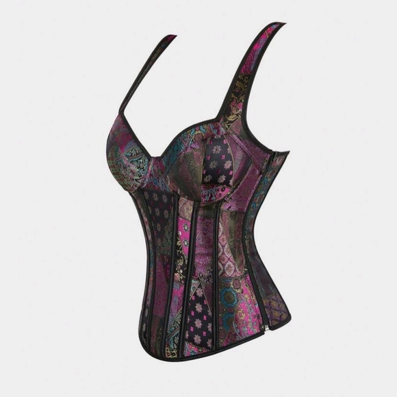 NWT Patchwork Multicolor Floral Jacquard Lace Up Corset SZ L - Picture 2 of 15